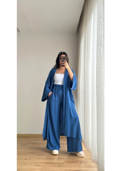 Gofre Kumaş Uzun Kimono Pantolon Takım