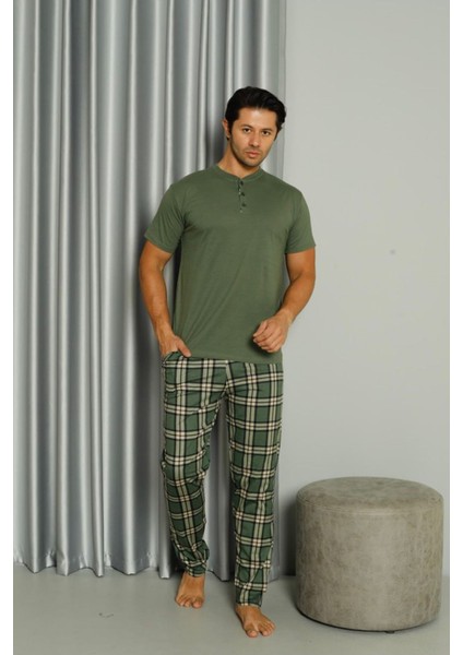 Işılay Yeşil Önden 3 Düğmeli Ekose Pijamalı Kısa Kollu Erkek Pijama Takımı 19041-Y