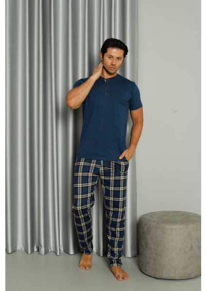 Işılay Indigo Önden 3 Düğmeli Ekose Pijamalı Kısa Kollu Erkek Pijama Takımı 19041-İ