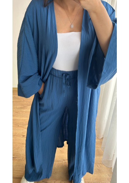 Gofre Kumaş Uzun Kimono Pantolon Takım