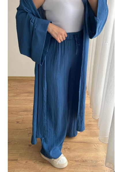 Gofre Kumaş Uzun Kimono Pantolon Takım
