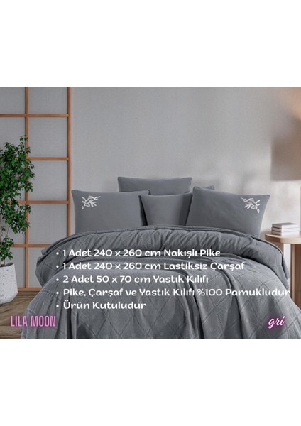 Pamuklu Beğenal Premium Çift Kişilik Nakışlı Pike Takımı