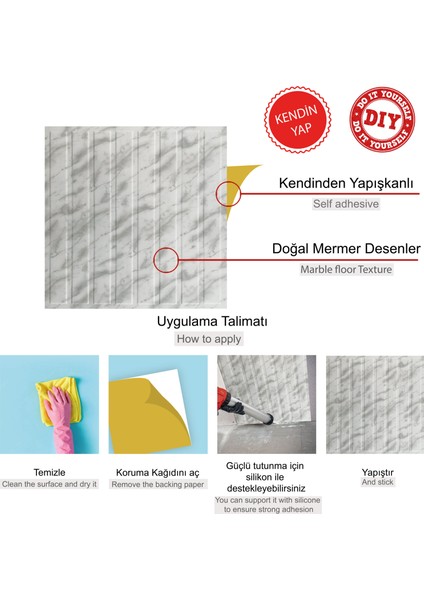 Kendinden Yapışkanlı 3D Kabartmalı Pvc Duvar Paneli Mermer Lambiri Desen 41x41 Cm/ 6 Adet /1 M²