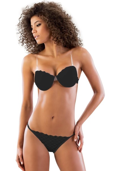 Miraxx Siyah Mı Emay 2722 Strablez Sırtı Şeffaf Sütyen Takım Push-Up