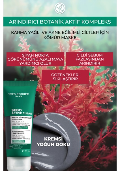 Arındırıcı Siyah Nokta Karşıtı Kömür Maske-Süksinik Asit-Sebo Active Clear Botanik Kompleks-75ml fiyatları