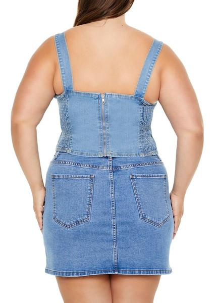 Plus Size Tokalı Denim Crop Top