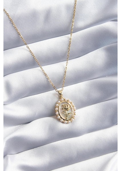 316L Çelik Gold Renk Gül Model Inci Detay Kadın Kolye