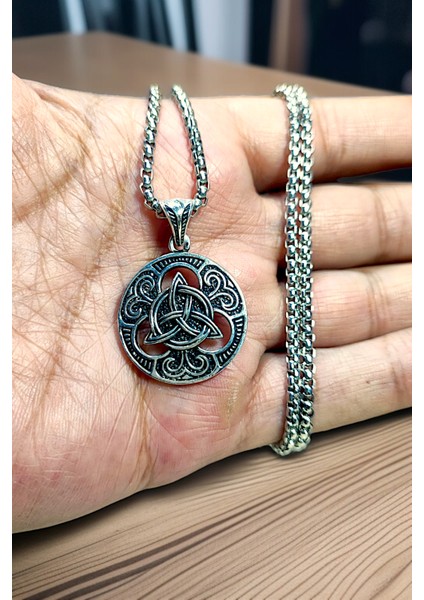 Gümüş Kaplama Krom-Çelik Erkek Kolye Madalyon Iskandinav Viking Kelt Üçlüsü
