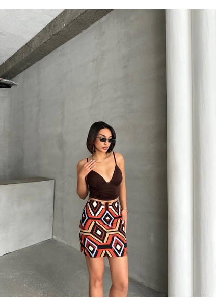 Etnik Desen Kahverengi Tonlu Slim Fit Modern Kalem Etek indirimleri
