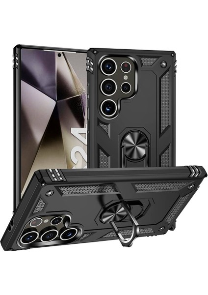 Samsung Galaxy S24 Ultra ile Uyumlu Kılıf Siyah Panther Yüzüklü Silikon Orijinal (Samsung Galaxy S24 Ultra ile Uyumlu, Siyah)