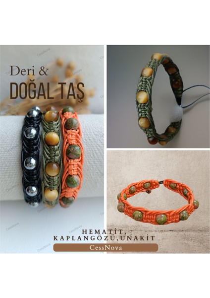 Sertifikalı Doğal Taş Deri Bileklik Kaplangözü,unakit,hematit