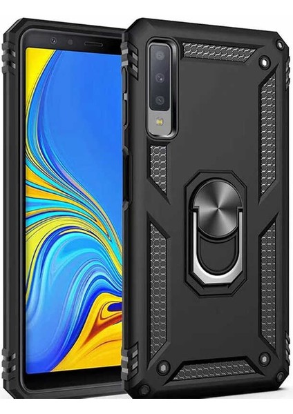 Samsung Galaxy A7 2018 Siyah Panther Yüzüklü Silikon Orijinal Esnek Ince Geliştirilmiş Dayanıklı Darbe Karşıtı Koruyucu Yeni Nesil Tasarım (Samsung Galaxy A7 2018, Siyah)