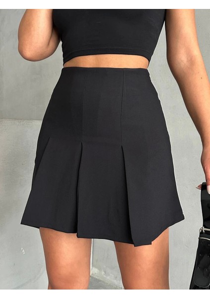 Siyah Düz Renk Pileli Diz Üstü Mini Slim Fit Kalem Etek