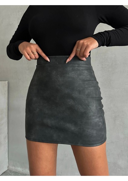 Eskitme Deri Gri/füme Slim Fit Mini Kalem Etek