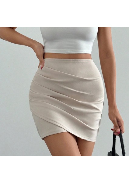 Bej Drapeli Şık Modern Slim Fit Mini Kalem Etek fiyatları