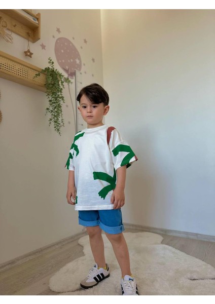Palmiye Baskılı Kot Şort-Tişört Yazlık Erkek Çocuk Takım