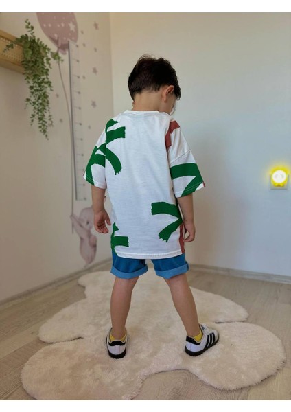 Palmiye Baskılı Kot Şort-Tişört Yazlık Erkek Çocuk Takım fiyatları