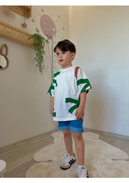 Palmiye Baskılı Kot Şort-Tişört Yazlık Erkek Çocuk Takım modelleri