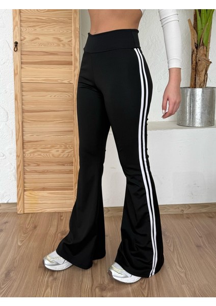 kadın yüksek bel şerit detaylı ıspanyol paçalı dalgıç pantolon