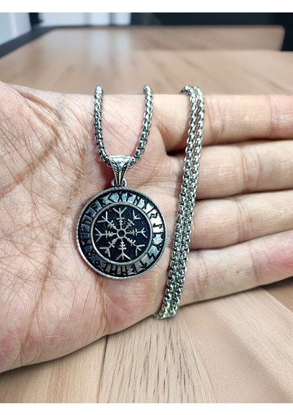 Gümüş Kaplama Krom-Çelik Erkek Kolye Madalyon Iskandinav Viking Pusula