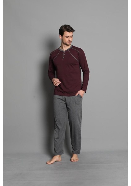 Işılay Bordo-Füme Önden 3 Düğmeli Yazlık Uzun Kollu Erkek Pijama Takımı 16650-B