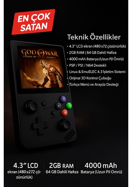 R43 Pro Retro Oyun Konsolu – 64GB, 20.000+ Yüklü Oyun, 4.3” Ekran, Psp/ps1, Hdmı, Uzun Pil Ömrü