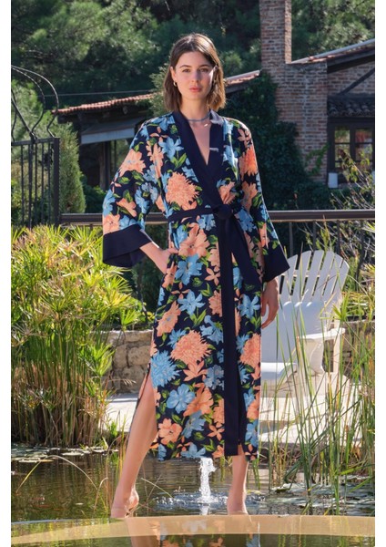 Monamise 22014 Kadın Çiçek ve Yaprak Desenli Kuşaklı Sabahlık