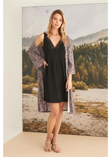 23170 Kadın Yaprak Desenli Dantelli ve Dekolteli Sabahlik Takım fiyatları