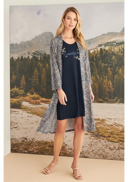 Monamise 23167 Kadın Yaprak Desenli Romantic Life Sabahlık Takım