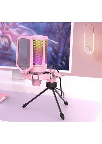 Ampligame A6V Yayıncı - Oyuncu - Gamer - Podcast - Youtuber Rgb USB Mikrofon (Pembe)