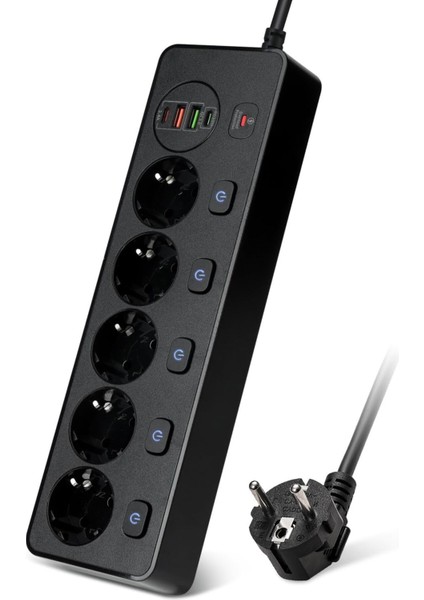 5 Priz, 1PD(20W)+1 Type_c + 2 Usb-C,akım Korumalı ve Çocuk Korumalı, Şalterli Priz, Ev, Ofis Için