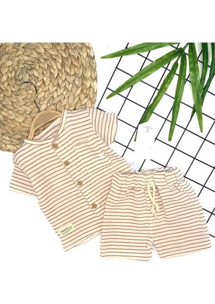9-12-18-24 Ay Düğme Detaylı Çizgili Müslin Kumaş Yazlık 2li Erkek Bebek Takımı