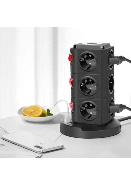 Akıllı Wireless Kule Priz Kablosuz Şarj Istasyonu 12 Priz 1 USB 2x Type-C Şarj Istasyonu