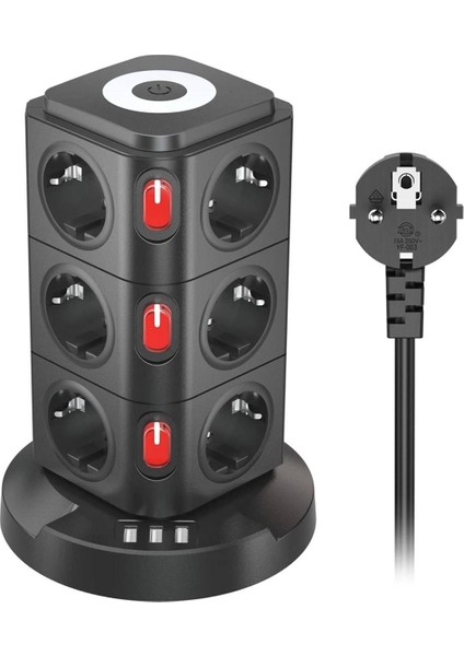 Akım Korumalı Priz Kablosuz Şarj Istasyonu 12X Priz / 1x USB / 2x Type-C Girişli 2mt Kablo 3680W