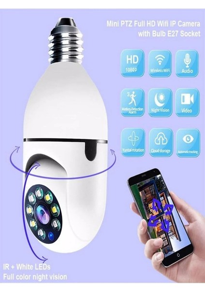 LED Ampul Kamera 360 Derece Görüntüleme Kablosuz Gece Görüşlü Çift Yönlü Ses Akıllı Hareket Algılama