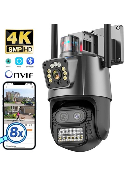 4K 9mp Hd Ip Kamera Açık 8x Zoom Üç Lens Çift Ekran Wifi Ptz Kamera