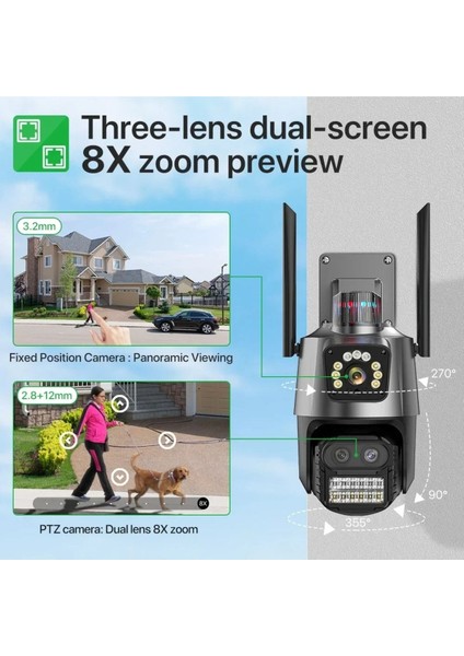 4K 9mp Hd Ip Kamera Açık 8x Zoom Üç Lens Çift Ekran Wifi Ptz Kamera