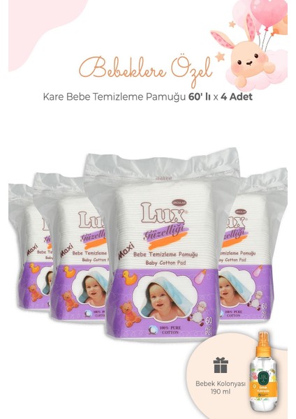 Bebe Temizleme Pamuğu Kare 60' Lı x 4 Adet ve Bebek Kolonyası