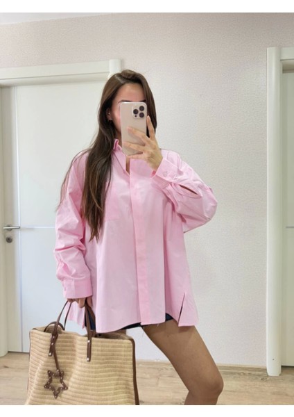 Yakalı Yandan Yırtmaçlı Gömlek - Pembe