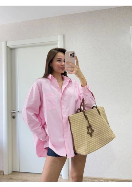 Yakalı Yandan Yırtmaçlı Gömlek - Pembe