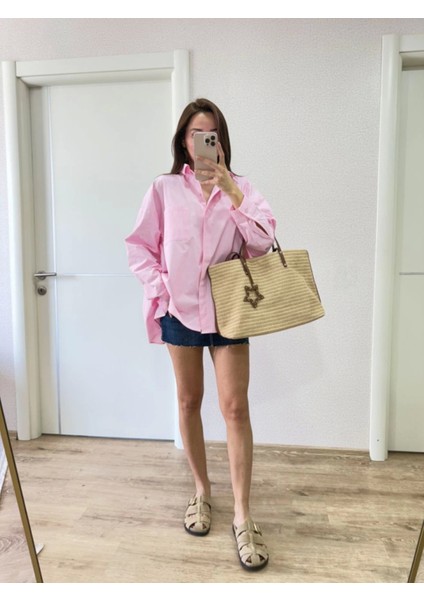 Yakalı Yandan Yırtmaçlı Gömlek - Pembe