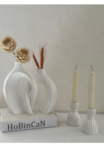 Beyaz Sarmaşık Sevgili Vazo, Şamdan Mumluklu Set 22 x 16&17 x 14