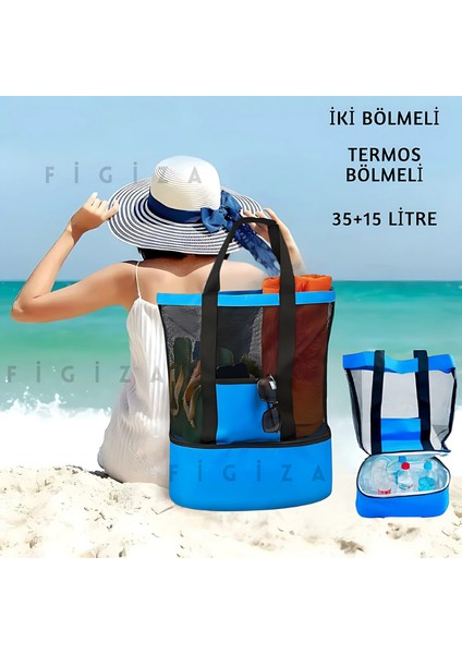 Sıcak Soğuk Tutucu Buzluklu Termos Bölmeli Plaj Kamp Piknik Çantası (Mavi)
