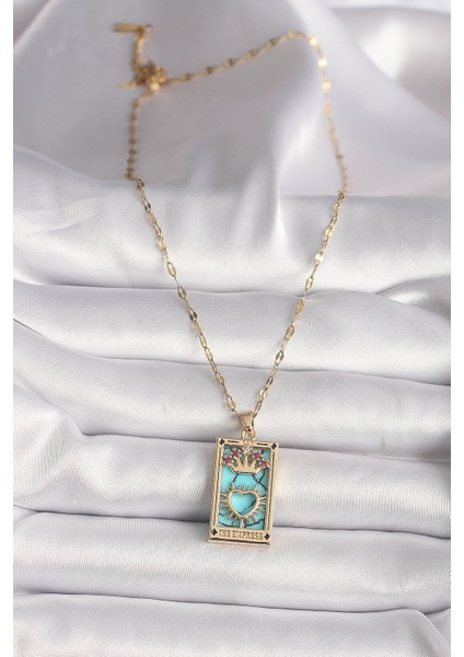 316L Gold Renk Pembe Zirkon Taşlı Taç Kalp Portre Model Kadın Kolye - TJ-BKO9670