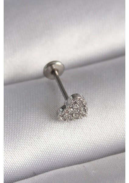316L Çelik Gümüş Renk Zirkon Taşlı Kalp Model Tragus Piercing - TJ-PR1347