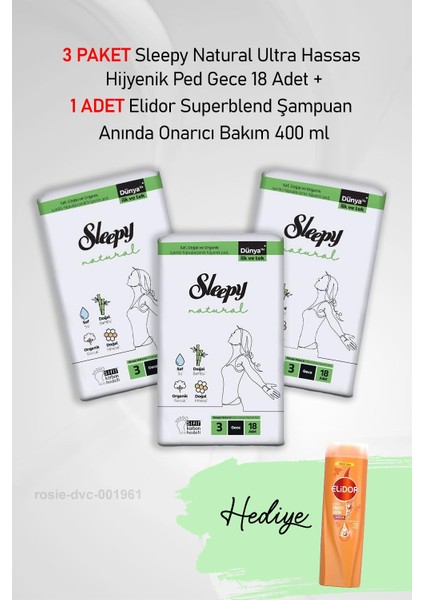 Natural Hijyenik Ped Gece 18 Adet x 3 ve Elidor Onarıcı Bakım 400 ml