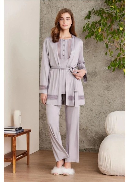 2800 Kadın Royal Dantelli Penye 3'lü Sabahlıklı Pijama Takım