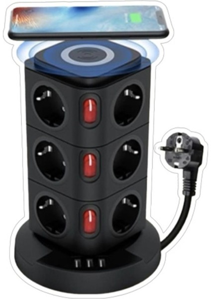 Yeni Akım Korumalı 2.4A Kule Priz Kablosuz Şarj Istasyonu 12X Soketli 3x USB Wireless Kablolu Priz