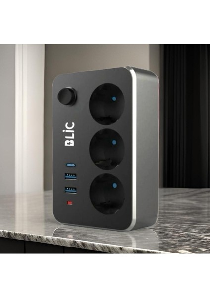 Elektrik Sigortalı Termal Akım Korumalı Güvenli Priz 2 Metre Kablo Anahtarlı 1xpd Type-C 2xusb Çoklu