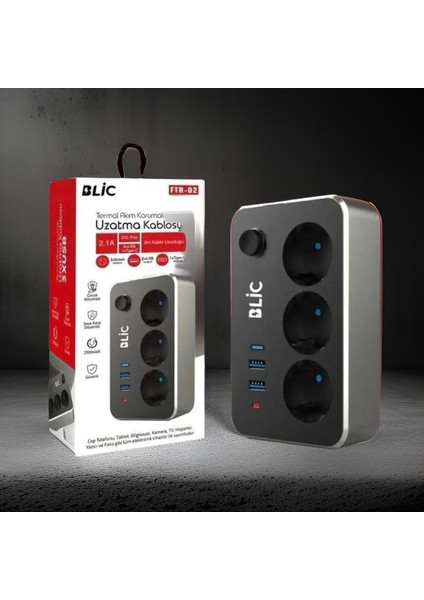 Elektrik Sigortalı Termal Akım Korumalı Güvenli Priz 2 Metre Kablo Anahtarlı 1xpd Type-C 2xusb Çoklu